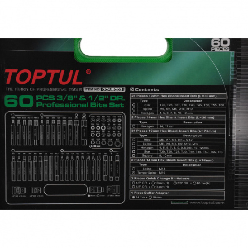 Набор бит TORX, HEX, SPLINE, RIBE, SQ 60ед.  TOPTUL GCAI6003