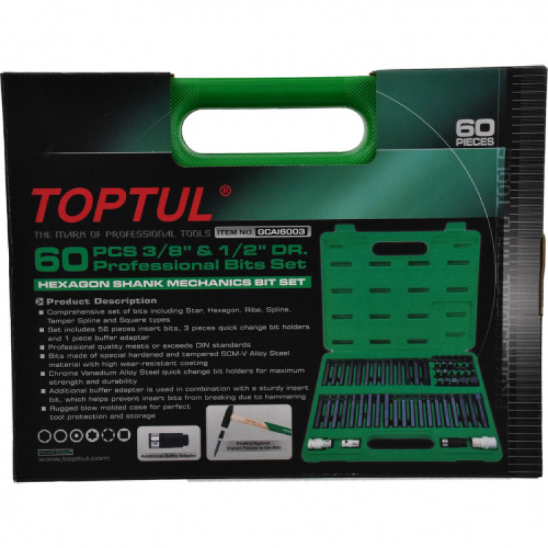 Набор бит TORX, HEX, SPLINE, RIBE, SQ 60ед.  TOPTUL GCAI6003